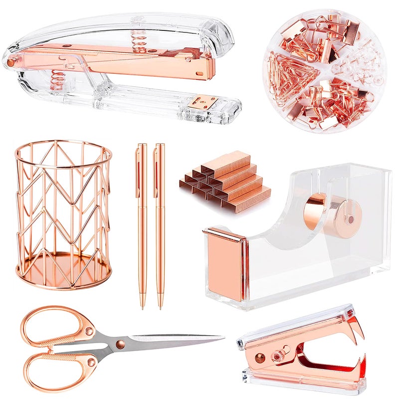 Famassi Rose Gold Desk Accessories Office Supplies Set Acrylic Stapler Set Staple Remover  Tape Holder  2 Ballpoint Pen  Scissor  Binder/Paper Clips and 1000pcs Staples. - Image 1
